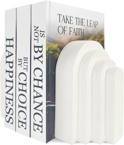 Book Ends for Heavy Books, Resin Decorative Bookends, Heavy Duty Book End for Shelves, Book Stopper for Shelves, Modern Home Decor Aesthetic Book Ends, Layered Arch Design Set of 2(Cream White)2