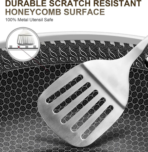 Wok Pan with Lid, 12 Inch Stainless Steel Wok with Spider Strainer and Steaming Rack, Honeycomb & Stir-Fry Pans Flat Bottom Wok Induction Compatible, Dishwasher and Oven Safe3