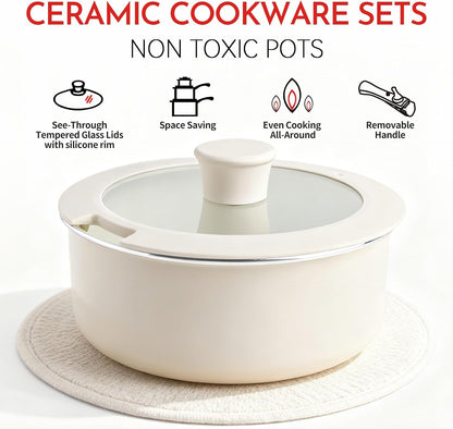 18-Piece Ceramic Nonstick Cookware Set, Pfas/Pfoa/Ptfe-Free & Non-Toxic Pots and Pans Set with Detachable Handles, Dishwasher Safe & Induction Compatible for Kitchen & RV Cooking6