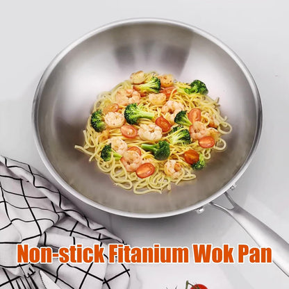 Titanium Wok, No Coating Non-Stick Titanium Pans for Cooking, Flat Bottom Wok, Ultra-Durable, Scratch-Resistant, Compatible with All Cooktops,14.17In3