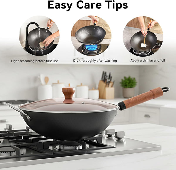 Carbon Steel Wok with Lid, 12.6" Hammered Stir Fry Pan with Helper Handle & Iron Spatula, Thickened Heavy Duty Flat Bottom Wok for Induction, Electric & Gas Stoves, Metal Utensil Safe9