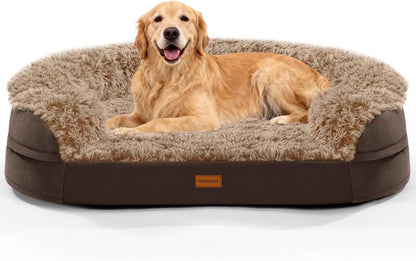 Iweepet Fluffy Orthopedic Dog Beds for Large & Extra Large Dogs, 44" Dog Sofa Bed with Supportive 28D Egg-Crate Foam, Removable Washable Cover, Waterproof Lining, for Puppy,Senior,Sick,Brown1