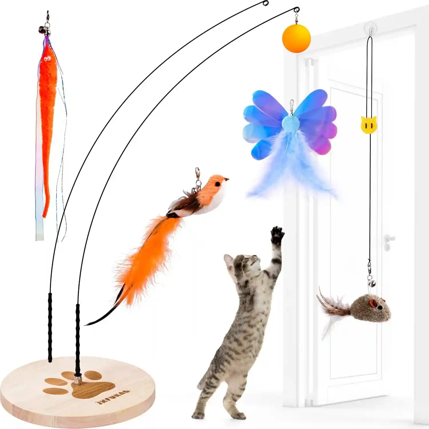 jxfukal-interactive-cat-toy-automatic-cat-wand-toy-with-stable-wooden-base-2-pcs-detachable-cat-teaser-5pcs-refills-replacement-hanging-elastic-string-kitty-kitten-toys-feather-spring-bird-toy