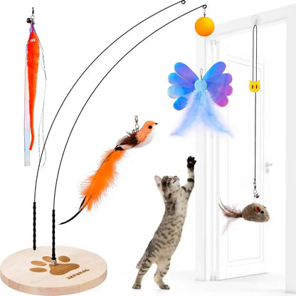 JXFUKAL Interactive Cat Toy, Automatic Cat Wand Toy with Stable Wooden Base, 2 PCS Detachable Cat Teaser, 5PCS Refills Replacement & Hanging Elastic String, Kitty Kitten Toys Feather Spring Bird Toy1