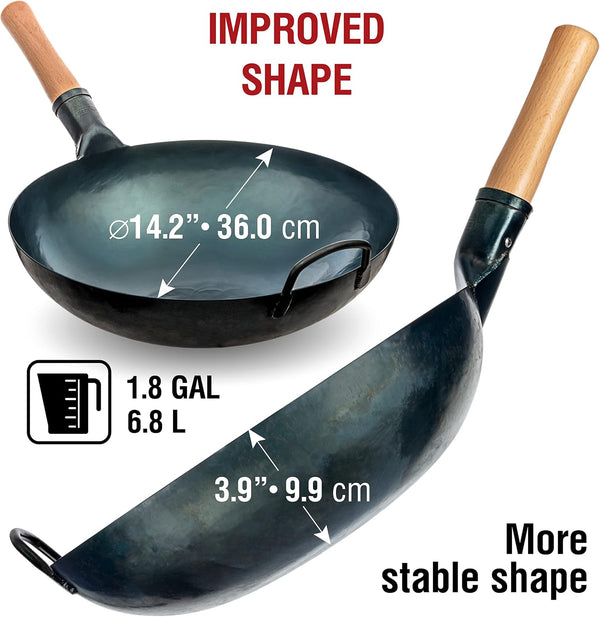 Blue round Bottom Wok Pan – 14" Woks and Stir Fry Pans + 17’’ Wok Spatula and Ladle - Set of 2 Heat-Resistant Wok Tools2