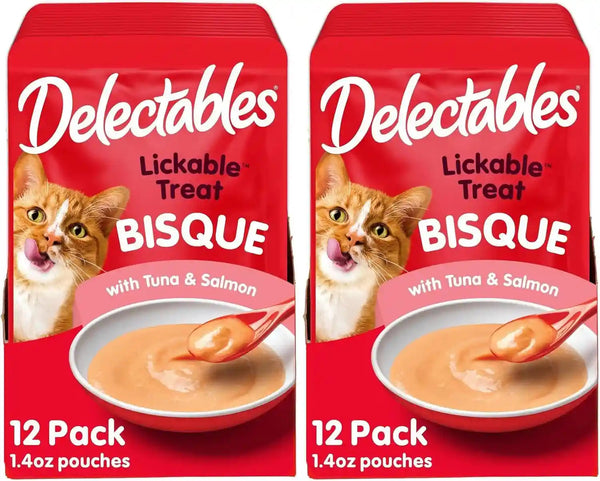 Delectables Lickable Treat Bisque Wet Cat Treat with Real Tuna & Salmon, Food Topper, Hydrating, Grain-Free, No Fillers, No By-Products, No Added Preservatives, 1.4Oz Pouch, 12Ct16
