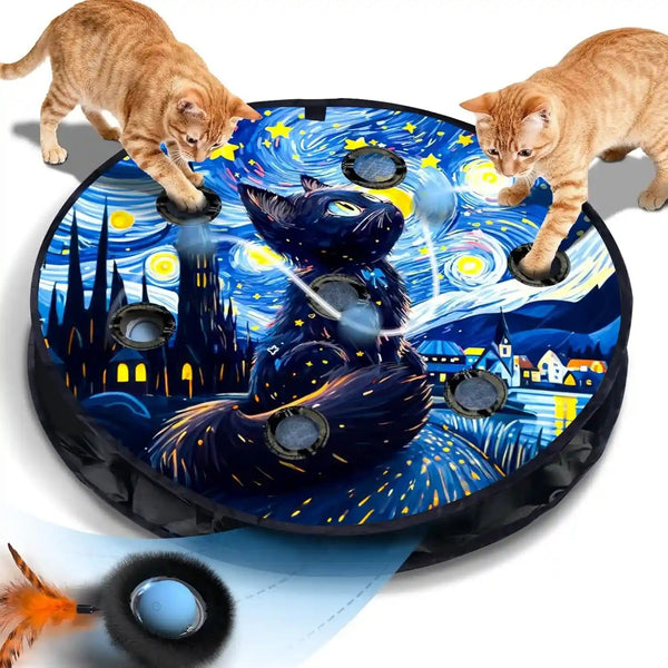 Interactive Cat Toy with Motion Activated Ball & 7-Hole Play Mat, Hide and Seek Exercise Game for Indoor Cats, Automatic Moving Cat Ball in Pouch, Rechargeable Kitten Toys (Starry Night)1
