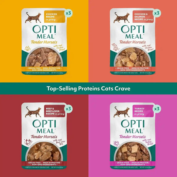 Optimeal Wet Cat Food Variety Pack - Savory Protein Selection, Grain Free Tender Morsels, High Protein Premium Nutrition Made with Natural European Ingredients, Adult Cat Pouches 3Oz (Pack of 12)4
