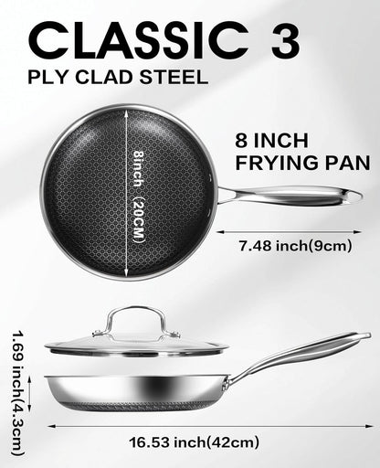 Hybrid Non Stick Frying Pans with Glass Lid, 8-Inch Frying Pan. | Stainless Steel Skillet with Honeycomb Surface,Oven-Safe,Pfas-Free,Compatible with All Cooktops.4