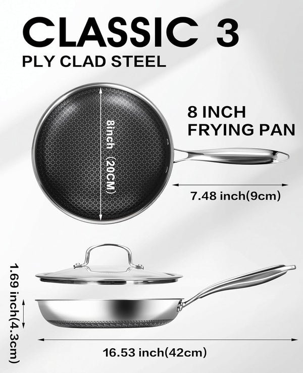 Hybrid Non Stick Frying Pans with Glass Lid, 8-Inch Frying Pan. | Stainless Steel Skillet with Honeycomb Surface,Oven-Safe,Pfas-Free,Compatible with All Cooktops.4