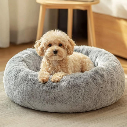 JOLLYVOGUE Small Dog Bed, Calming Dog Beds for Small Dogs & Indoor Cats - 20 Inches Donut Washable Cat Bed for Kittens & Puppies, round Fluffy Plush Faux Fur Pet Beds(Smoke Grey)1