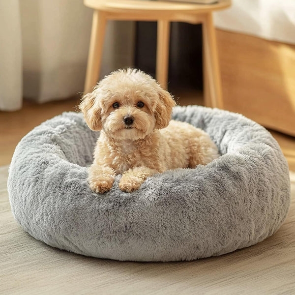 JOLLYVOGUE Small Dog Bed, Calming Dog Beds for Small Dogs & Indoor Cats - 20 Inches Donut Washable Cat Bed for Kittens & Puppies, round Fluffy Plush Faux Fur Pet Beds(Smoke Grey)1