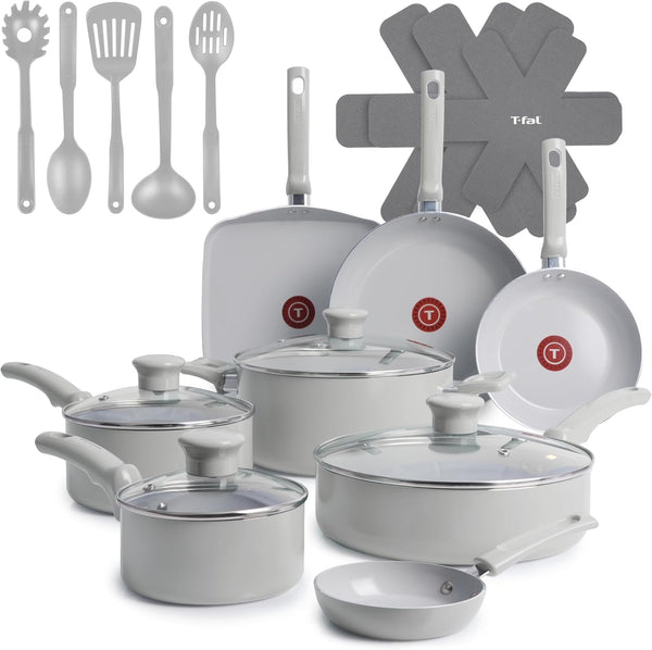 Refresh Ceramic Pots and Pans Set, 20-Piece Nonstick Cookware Set, Stockpot, Griddle, Frying Pans, Utensils, Moon Grey1