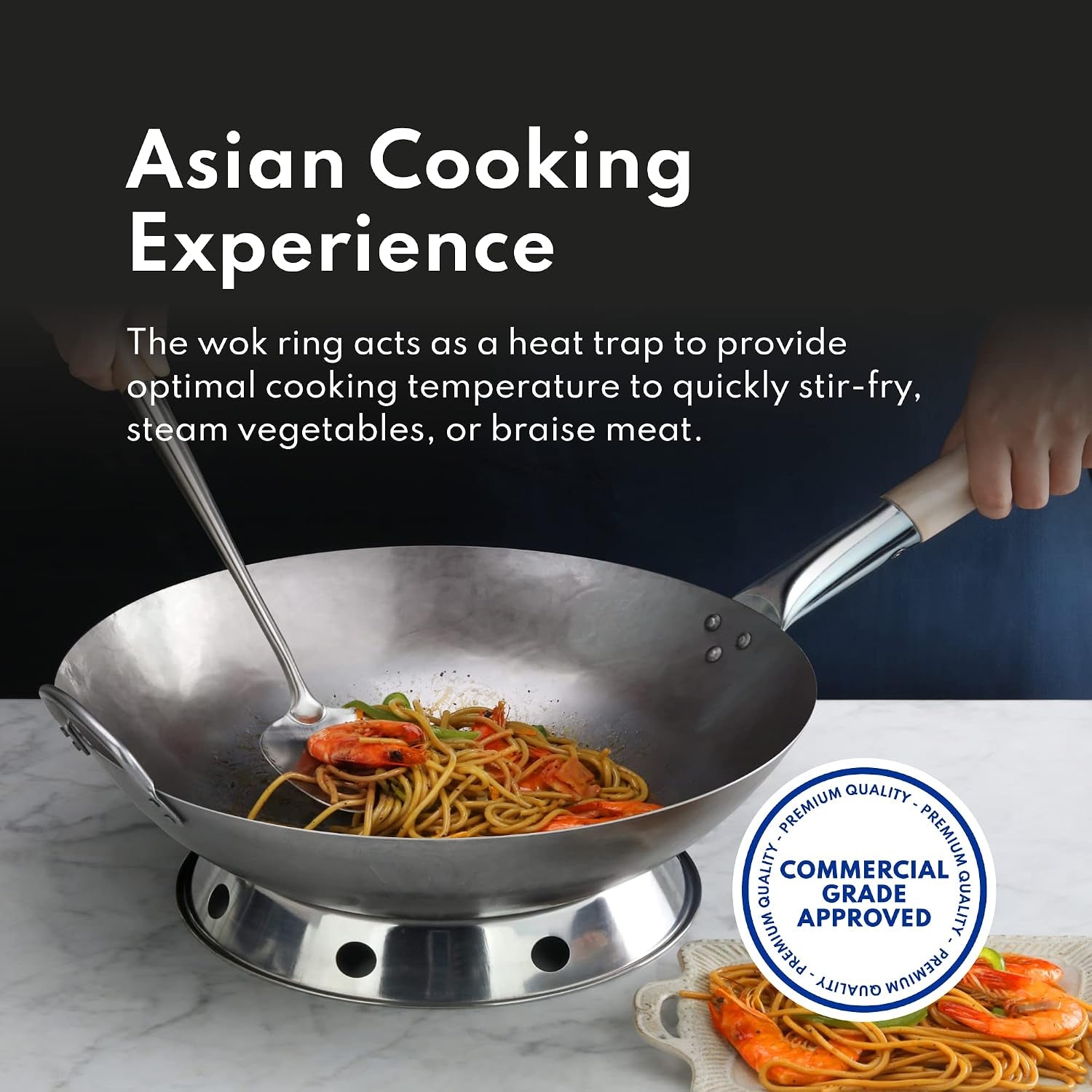 carbon-steel-wok-set-14-round-bottom-hand-hammered-with-wood-and-steel-helper-handle-includes-rack-ring-and-spatula-hand-wash-recommended