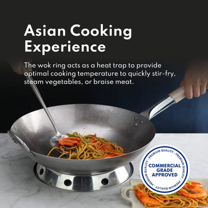 Carbon Steel Wok Set - 14" round Bottom, Hand Hammered with Wood and Steel Helper Handle, Includes Rack/Ring and Spatula (Hand Wash Recommended)3