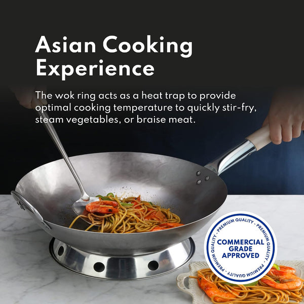 Carbon Steel Wok Set - 14" round Bottom, Hand Hammered with Wood and Steel Helper Handle, Includes Rack/Ring and Spatula (Hand Wash Recommended)3