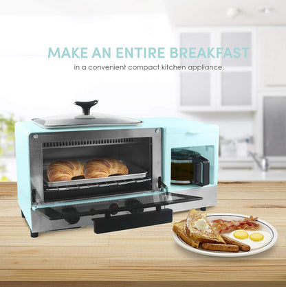 Americana Breakfast Center, Griddle & Toaster Oven, Blue | 2-Slice W/15-Min Timer & Heat Selector Mode, plus 9.5" Griddle W/Glass Lid & 4-Cup Coffeemaker6
