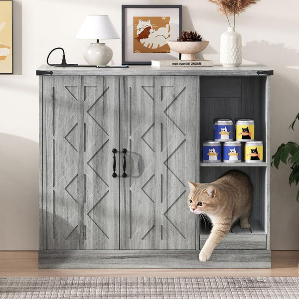 Large Cat Litter Box Enclosure Furniture with Litter Collector, Hidden Litter Box Cabinet with Storage Shelves & Power Outlet, Wooden Cat House Cat Washroom for Automatic Litter Box5