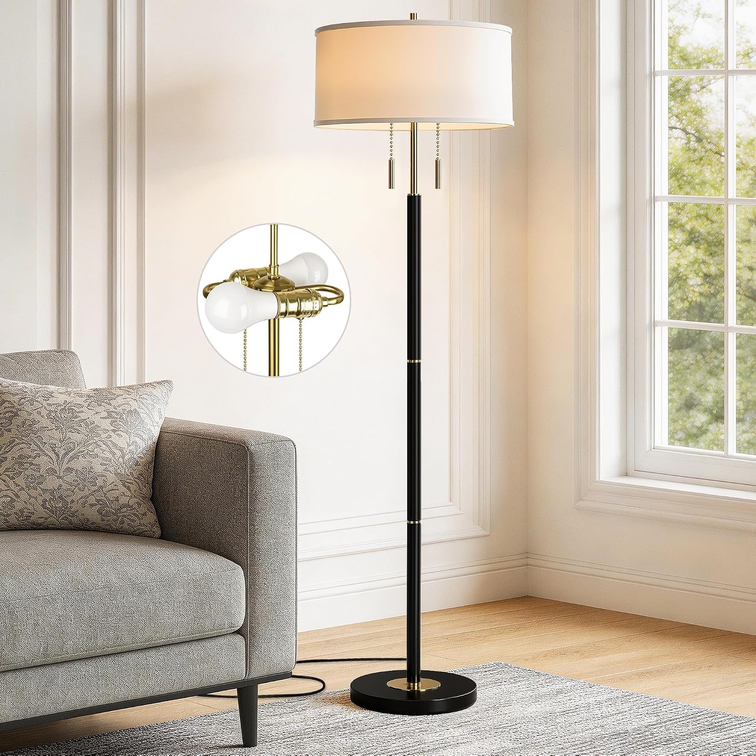2-light-mid-century-modern-floor-lamp-standing-lamp-with-fabric-shade-and-pull-chain-switch-tall-floor-lamp-for-living-room-bedroom-office-corner-black-2x-3cct-bulb-included