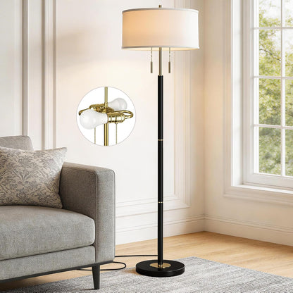 2-Light Mid Century Modern Floor Lamp, Standing Lamp with Fabric Shade and Pull Chain Switch, Tall Floor Lamp for Living Room, Bedroom,Office Corner (Black, 2X 3CCT Bulb Included)1