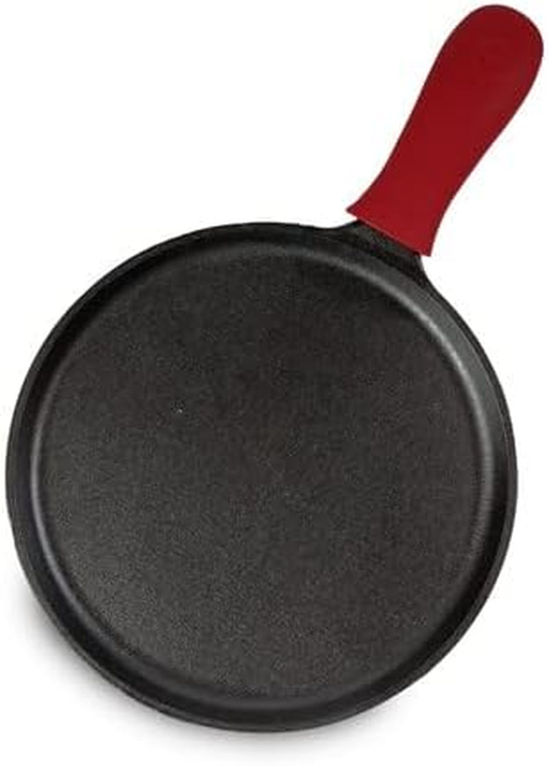 pre-seasoned-cast-iron-griddle-with-red-handle-holder-10-5-inches-includes-red-silicone-handle-holder-heavy-duty-flat-cooking-pan-for-breakfast-favorites-everyday-cooking