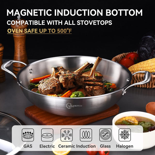 12-Inch Stainless Steel Wok with Lid | 5-Quart | Dual Handles | Uncoated Tri-Ply Stir Fry Pan | Everyday Cooking Wok for Induction | Flat Bottom | PFOA-FREE | 3-4 Servings ﻿3