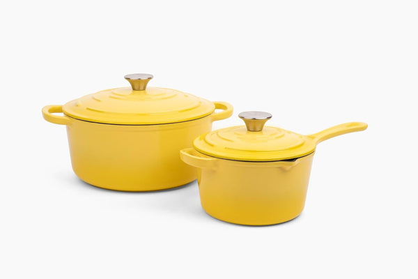 4-Piece Enameled Cast Iron Set, Oven Safe and Suitable for All Cooktops – Includes 5.7 Quart Dutch Oven Pot with Lid and 2.2 Quart Saucepan with Lid (Limoncello)1