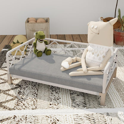 Small Dog Bed, Waterproof Elevated Dog Couch with Washable Removable White Cushion, Boho Rattan Dark Brown Wicker Orthopedic Pet Sofa for Outdoor, Indoor8