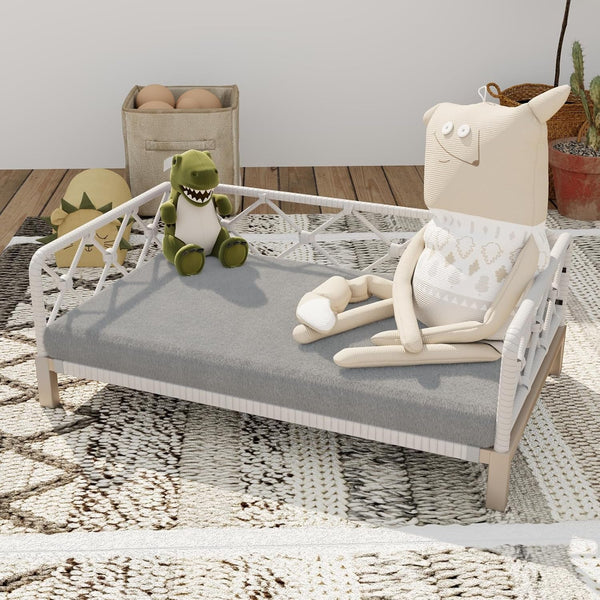 Small Dog Bed, Waterproof Elevated Dog Couch with Washable Removable White Cushion, Boho Rattan Dark Brown Wicker Orthopedic Pet Sofa for Outdoor, Indoor8