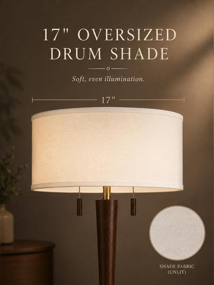 Solid Wood Floor Lamp for Living Room,Pull Chains Standing Lamp | 62.8" Tall,17" White Drum Shade,Sculptural Wood Base & Stem,2-Light Design,Standing Lamp for Bedroom,2 Bulbs Included4
