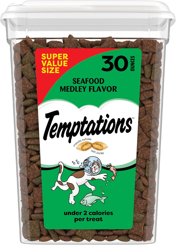 Temptations Classic Crunchy and Soft Cat Treats, Seafood Medley, 30 Oz | under 2 Calories per Treat, 100% Complete & Balanced Adult Cat Nutrition, Resealable Tub, Use as Snack, Meal, or Food Topper1