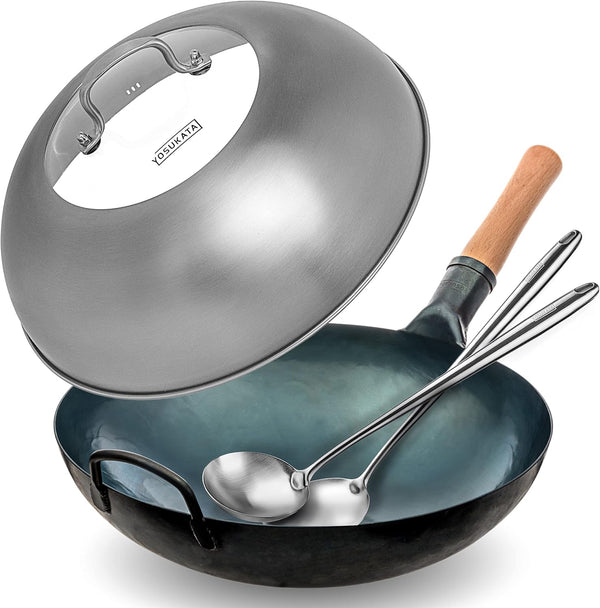Blue Carbon Steel round Bottom Wok Pan 14" + Stainless Steel Wok Lid + 17’’ Spatula and Ladle - Set of 2 Heat-Resistant Tools1