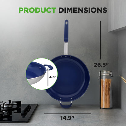 14" Fry Pan with Lid - Extra Large Skillet Nonstick Frying Pan with Silicone Handle, Ceramic Coating, Blue Silicone Handle, Stain-Resistant and Easy to Clean, Professional Home Cookware6