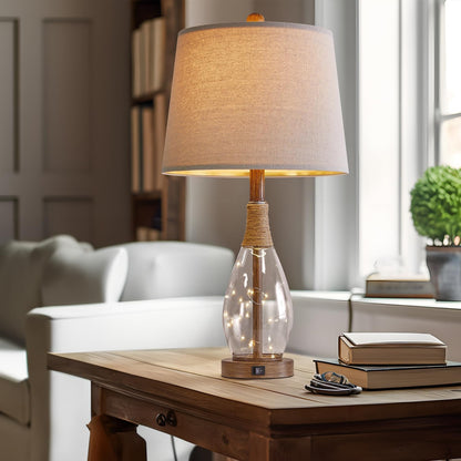 2 in 1 Bedside Table Lamps Set of 2, Farmhouse Glass Lamp, Wood-Like | Bedroom Lamps for Nightstands, Top Light & Night Light, Built-In USB with Bulb, Boho Rattan Design for Nursery, Hallway9