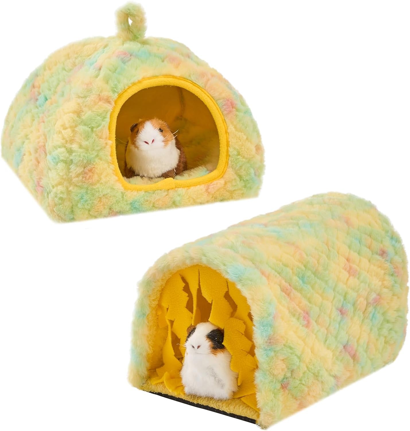 avont-2-pack-guinea-pig-tunnel-hideout-bed-set-washable-hideout-tunnel-set-breathable-fleece-dual-entrances-removable-pad-blue-or-yellow