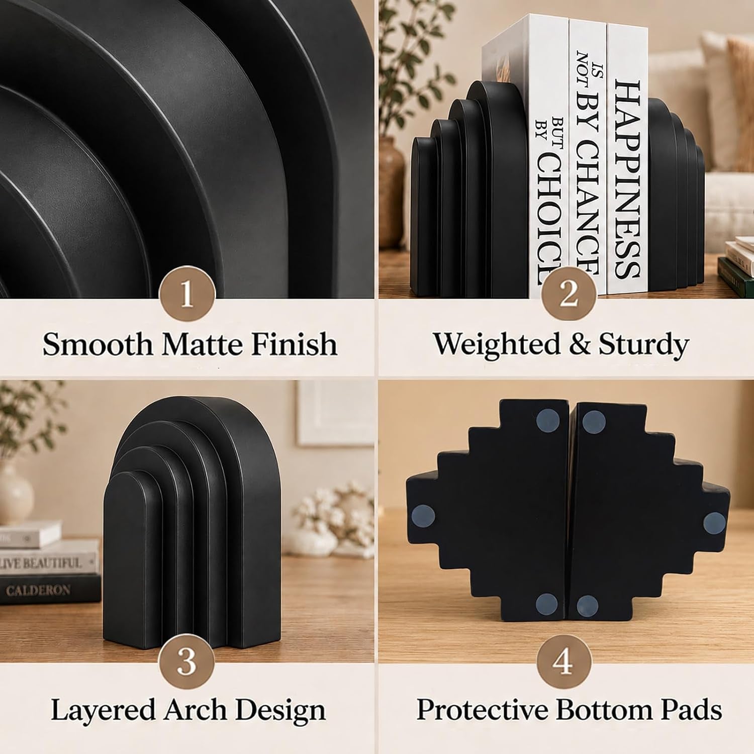 book-ends-for-heavy-books-resin-decorative-bookends-heavy-duty-bookend-for-shelves-book-stopper-for-shelves-modern-home-decor-aesthetic-book-ends-layered-arch-design-set-of-2matte-black