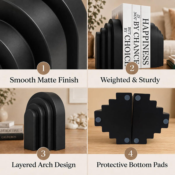 Book Ends for Heavy Books, Resin Decorative Bookends, Heavy Duty Bookend for Shelves, Book Stopper for Shelves, Modern Home Decor Aesthetic Book Ends, Layered Arch Design Set of 2(Matte Black)5