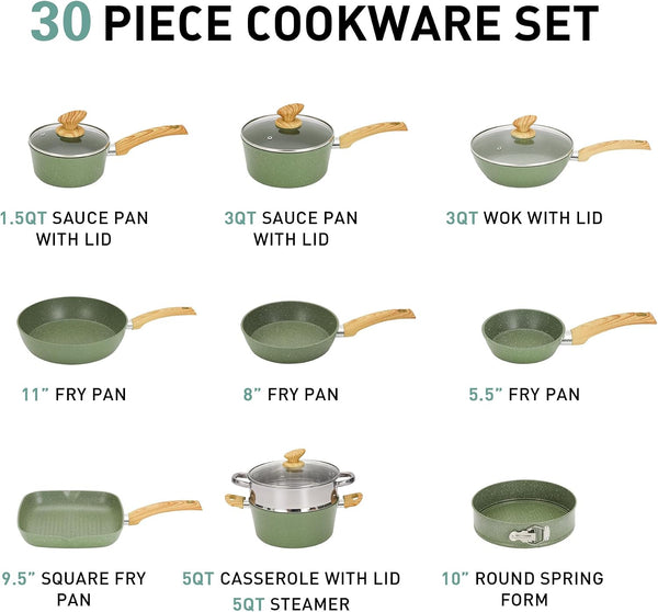 Pots and Pans Set, 30 Piece Kitchen Cookware & Bakeware Set | Green Granite Non Stick Pans Set for Cooking, 100% PFOA & PFAS Free Non-Toxic, Easy to Clean5