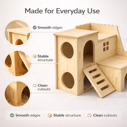 Tiny Hamster Maze Wood House Fun Slide House Double-Decker Hut for Dwarf Gerbil Mouse Mice Rat Small Animals(Only for Small Hamster)2