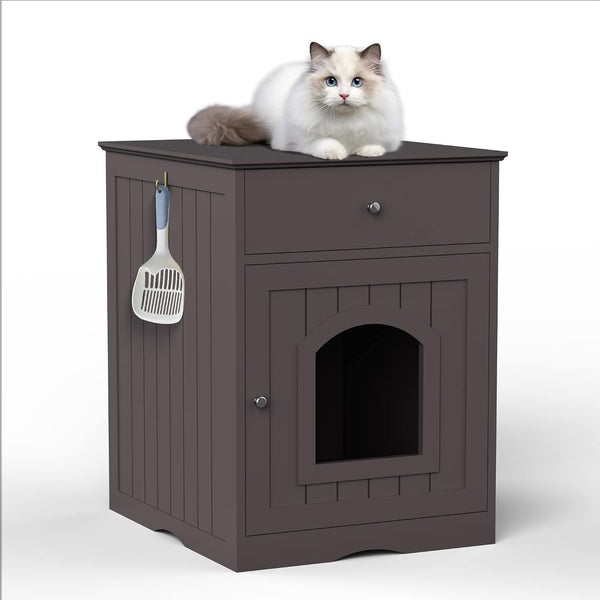 Espresso Wooden Cat Litter Box Enclosure with Drawers - Stylish Nightstand & Side Table1