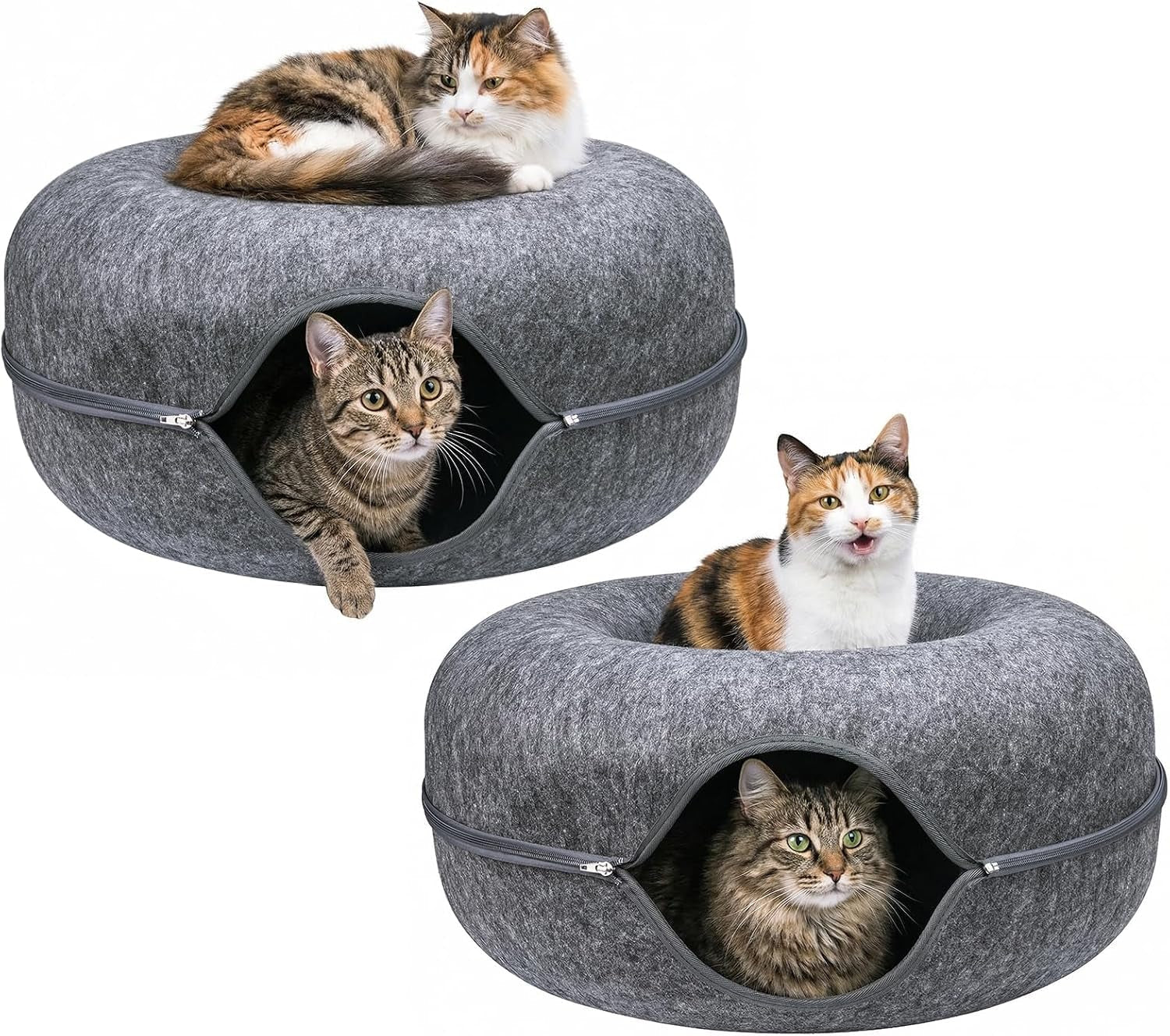 cat-tunnel-bed-for-heavy-big-cats-up-to-45-lbs-24-donut-cat-bed-for-multi-cat-home-premium-detachable-zipper-felt-anti-scratch-cat-cave-bed-roomy-non-collapsing-cat-hideaway-peekaboo-toy