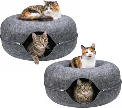 Cat Tunnel Bed for Heavy Big Cats up to 45 Lbs - 24" Donut Cat Bed for Multi-Cat Home - Premium Detachable Zipper Felt Anti-Scratch Cat Cave Bed - Roomy Non-Collapsing Cat Hideaway & Peekaboo Toy10