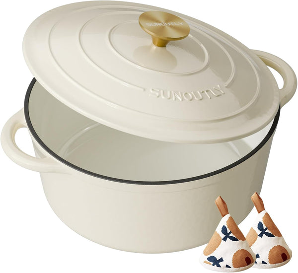 Enameled Cast Iron Dutch Oven - 6QT Pot with Lid & Cotton Potholders - Heavy-Duty Cookware for Braising, Stews, Roasting, Bread Baking, Oven Safe up to 500° F & across All Cooktops, Cream White1