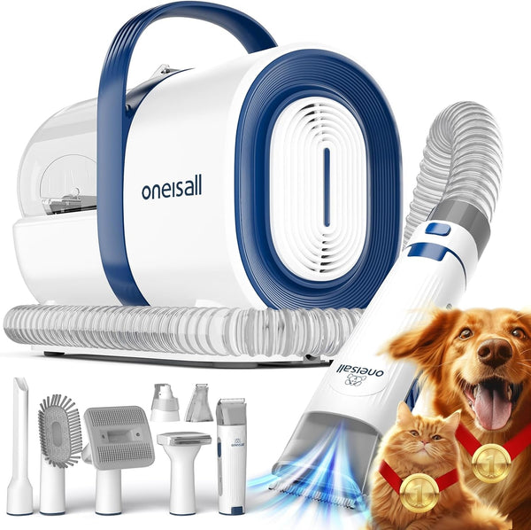Oneisall Dog Grooming Vacuum, Pet Grooming Vacuum with Clipper Nail Grinder, 1.5L Dust Cup Dog Deshedding Brush with 7 Tools for Shedding Pet Hair, Home Cleaning(Blue)1