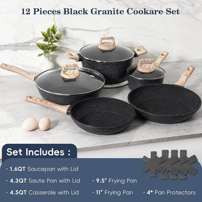 Pots and Pans Set Non Stick, 12Pcs Black Granite Induction Cookware | PFAS/PFOA/PFOS Free, Healthy Nonstick Kitchen Cookware Sets, Includes Fry Pans & Saucepans.3