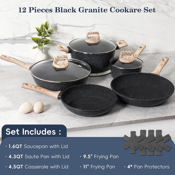 Pots and Pans Set Non Stick, 12Pcs Black Granite Induction Cookware | PFAS/PFOA/PFOS Free, Healthy Nonstick Kitchen Cookware Sets, Includes Fry Pans & Saucepans.3