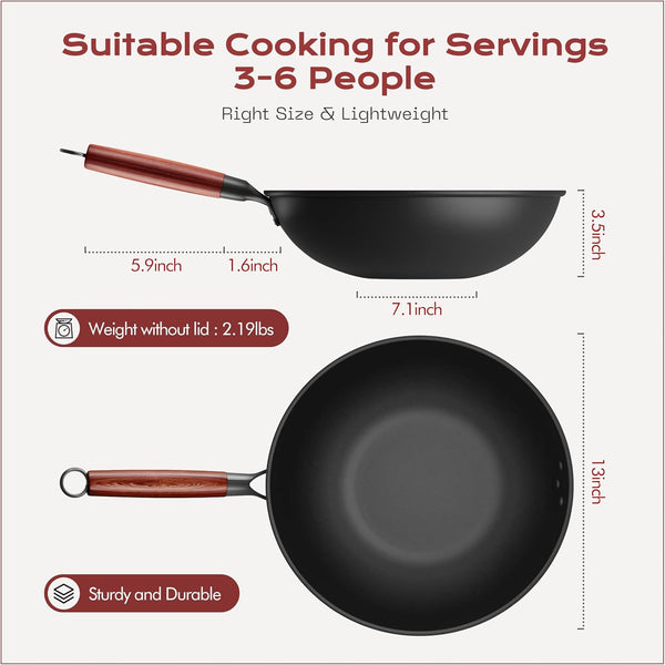 Carbon Steel Wok Pan, Natural Non-Stick Woks & Induction Wok with Removable Wood Handle, Glass Lid & Spatula - for All Stovetops, Stir-Fry, Searing3