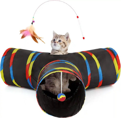 Tempcore Pet Cat Tunnel Tube Toys 3 Way Collapsible, Tunnels for Indoor Cats, Interactive Tube with Teaser Wand, Peek Holes & Hanging Ball, Black & Blue31
