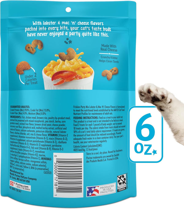 Purina Friskies Cat Treats, Party Mix Lobster & Mac 'N' Cheese Flavors - (Pack of 6) 6 Oz. Pouches8