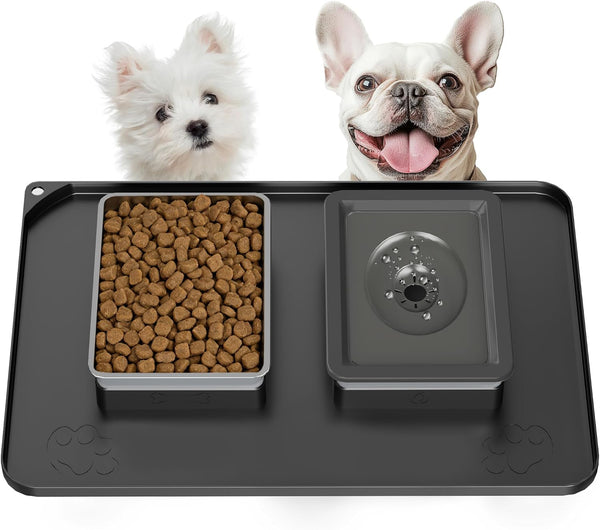 Dog Bowl Set, No Spill Dog Water and Food Bowl with Silicone Mat | Large Capacity 304 Stainless Steel Bowls, 2-In-1 Set, Slows Drinking, Anti-Slip Silicone Feeding Mat, Home/Travel, 6-7 Cups1